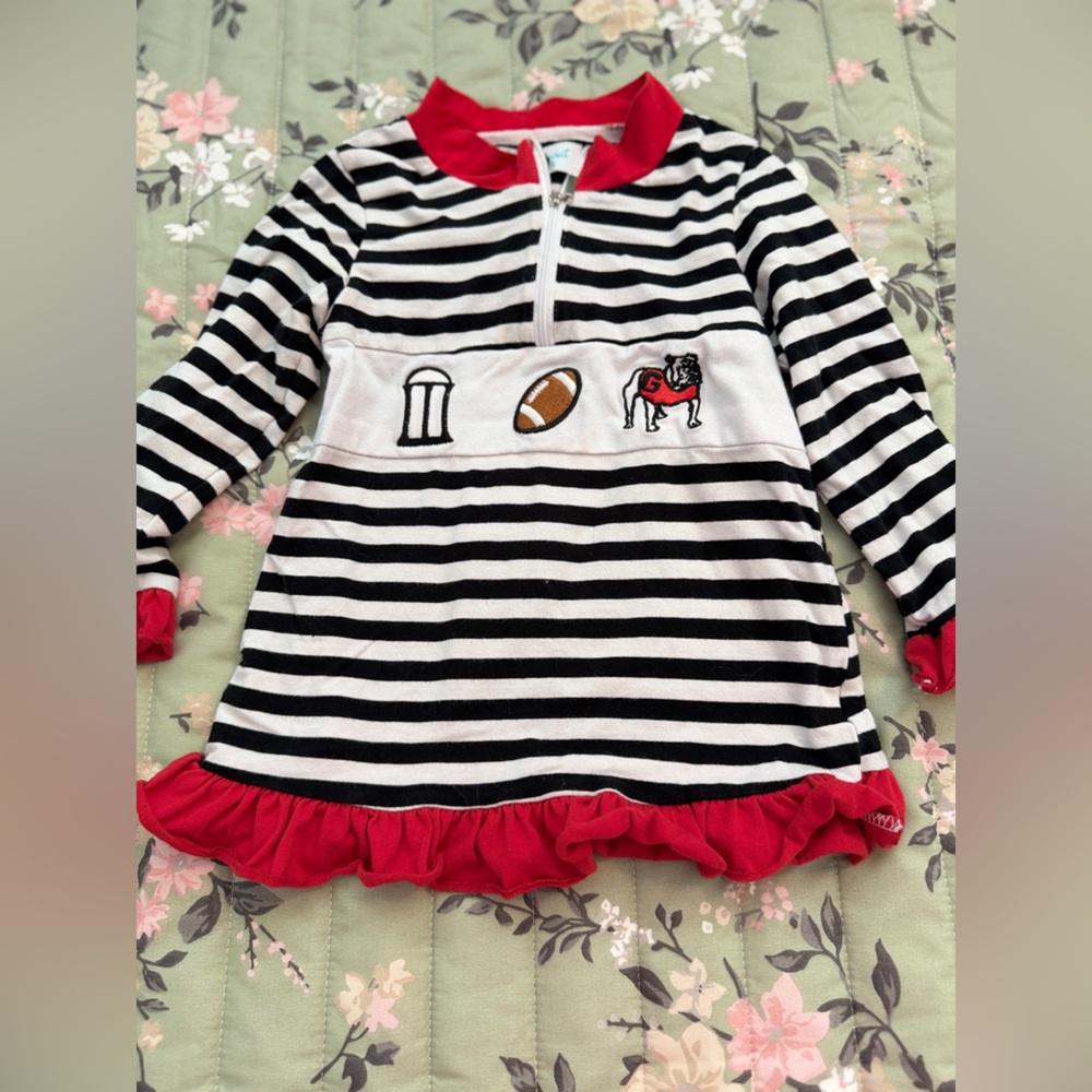 Striped Black and White Dress with Red Accents